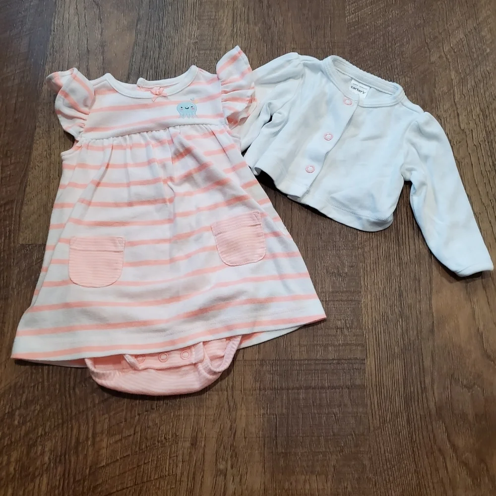Carters Baby Girl Cotton Striped Dress Cardigan White Neon Coral Pink Octopus 3M